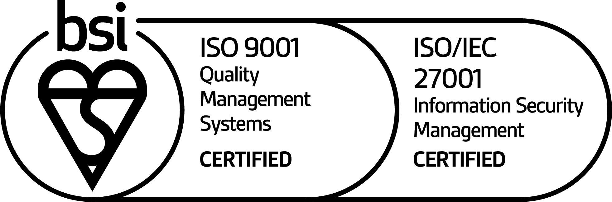 BSI certification marks for ISO 9001 Quality Management Systems and ISO/IEC 27001 Information Security Management